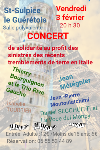 Concert solidarite Italie Vendredi 3 Février à 20h30 à Saint Sulpice le Guérétois