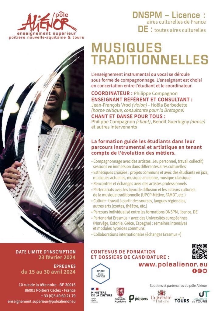 Concours d&rsquo;entrée en musiques traditionnelles au pôle Aliénor pour la rentrée 2024